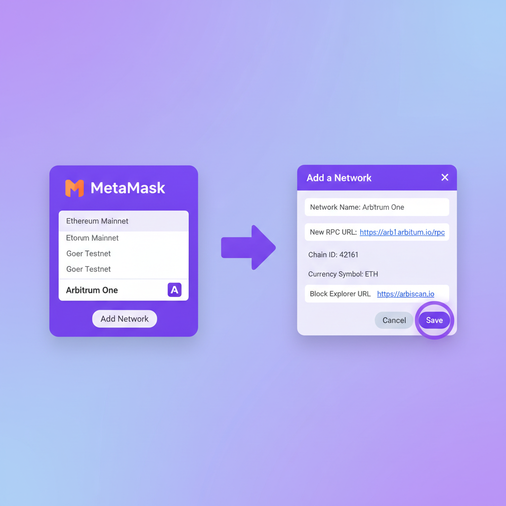metamask network dropdown adding arbitrum one, vibrant purple theme
