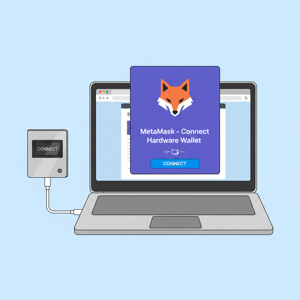 Ledger connected via USB to laptop, MetaMask popup connecting hardware wallet