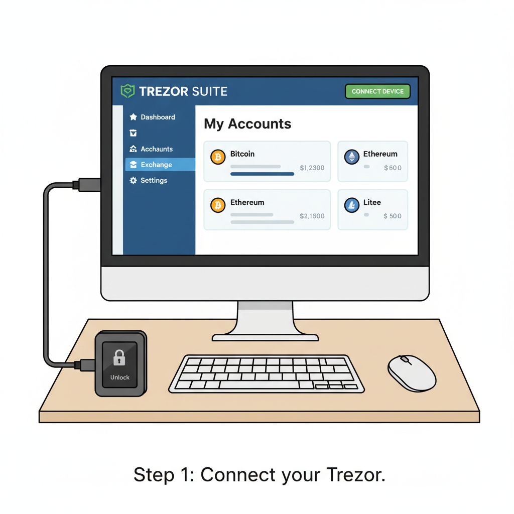 Trezor Model T connected to desktop, Trezor Suite dashboard open