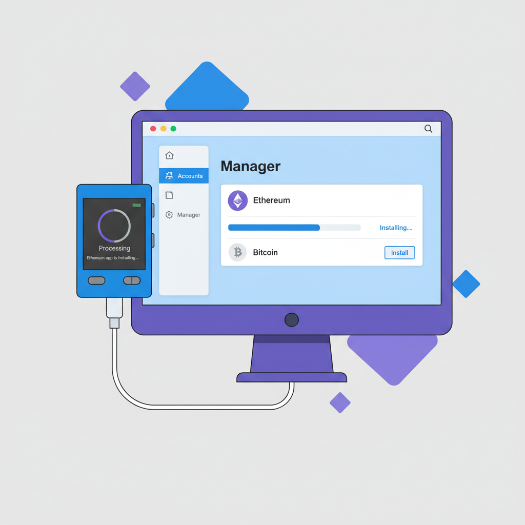 Ledger Nano device with Ethereum app installing in Ledger Live interface