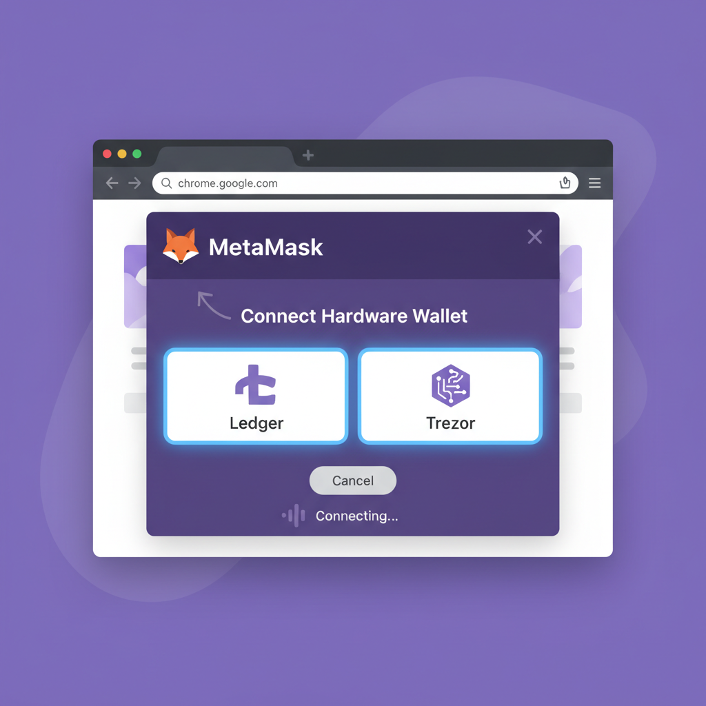 metamask popup connecting ledger trezor wallet, desktop browser interface