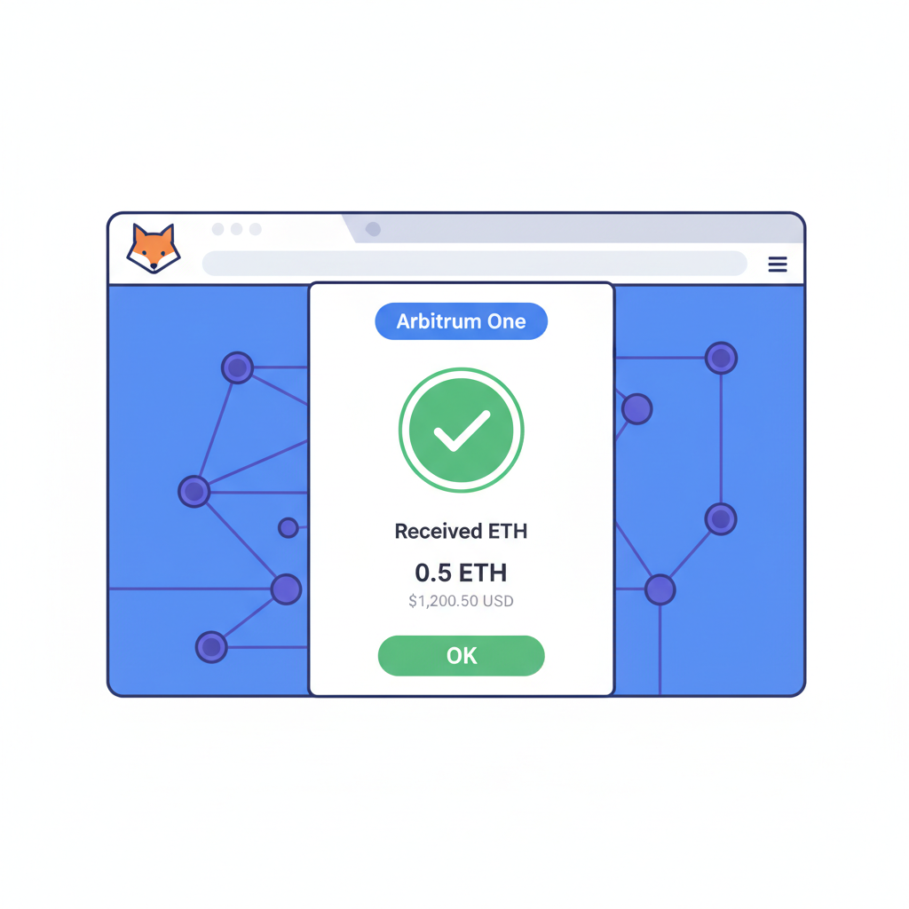 metamask arbitrum network with received eth balance, success checkmark