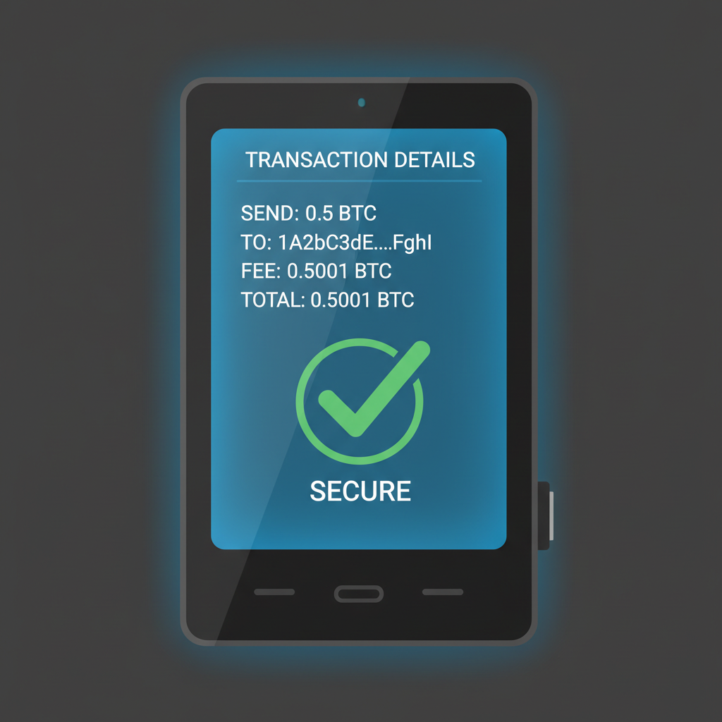 Hardware wallet screen showing transaction details, secure checkmark overlay