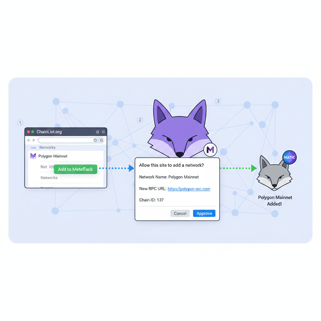ChainList website adding Polygon to MetaMask, dynamic connection graphic