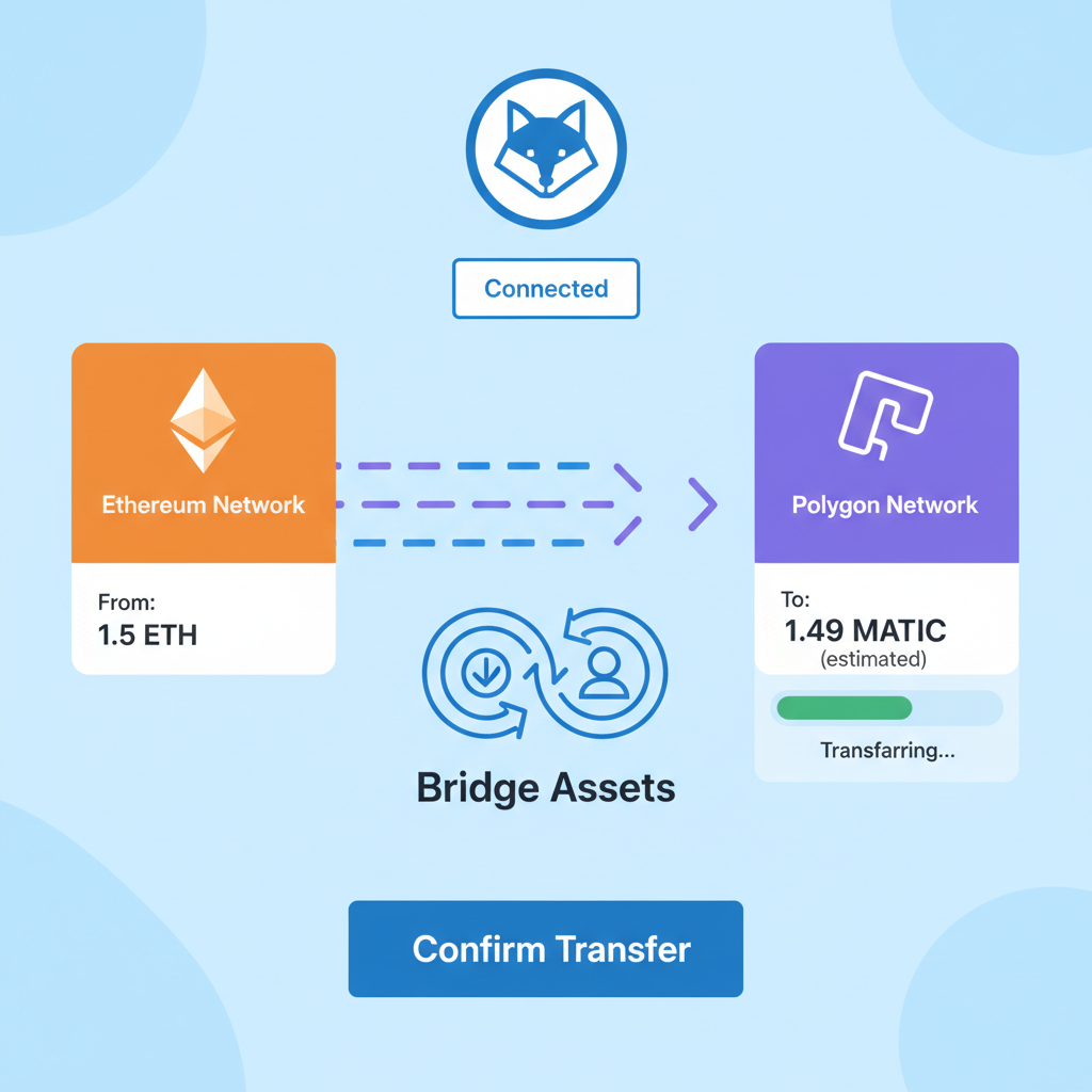 Crypto bridge interface MetaMask connected, assets transferring Ethereum to Polygon