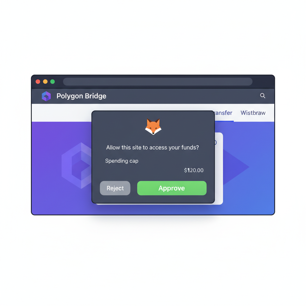 MetaMask connect popup over Polygon Bridge, approval screen, vibrant green approve button