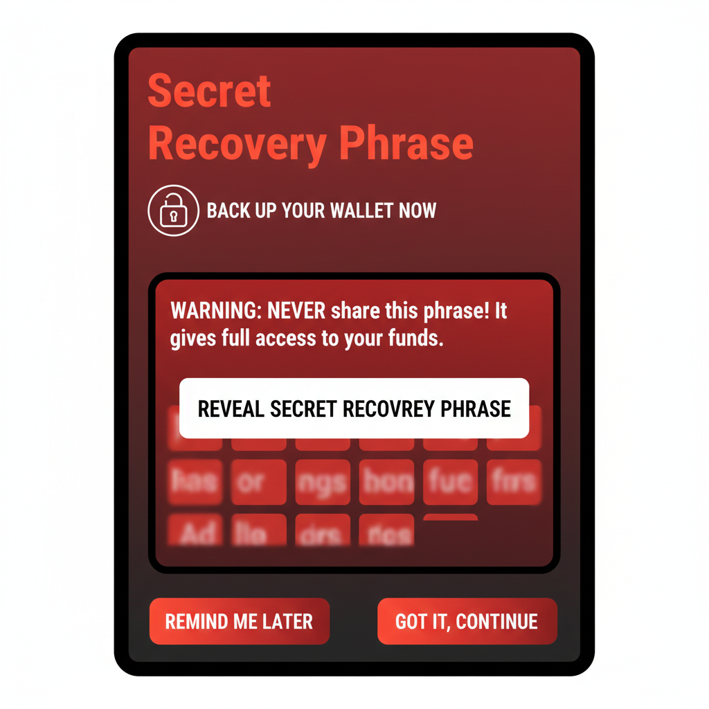 MetaMask wallet creation screen with seed phrase backup warning, intense red tones