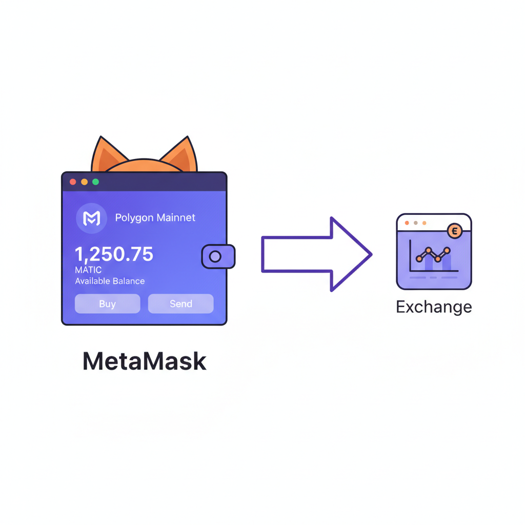 MetaMask Polygon wallet with MATIC balance, exchange transfer arrow