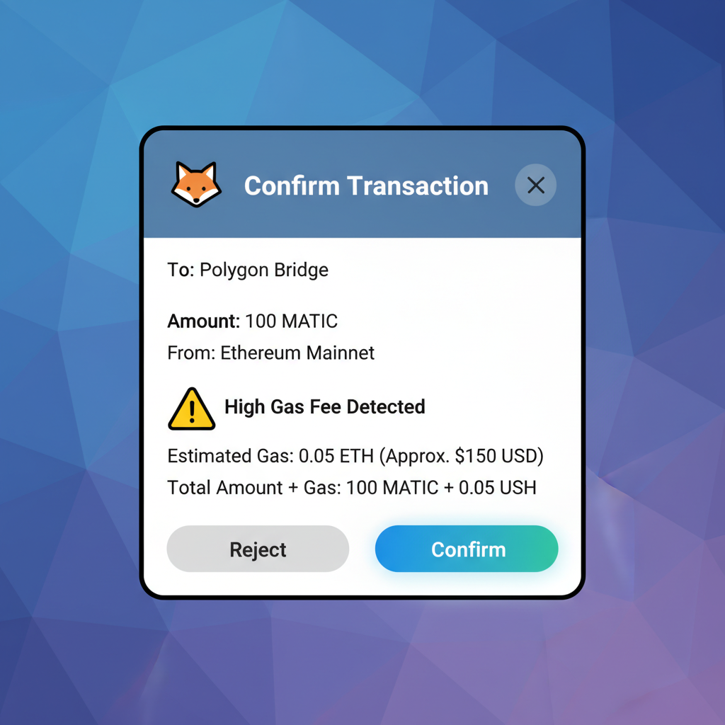 MetaMask transaction confirmation popup for Polygon bridge, high gas fee warning, confirm button