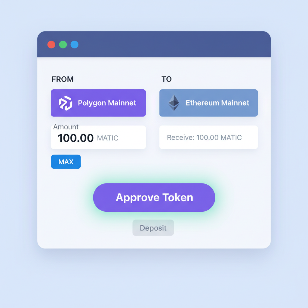 Polygon Bridge deposit form with amount entered, approve token button glowing