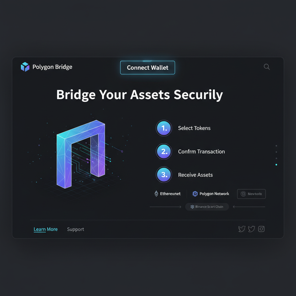 sleek Polygon Bridge homepage screenshot, connect wallet button prominent, dark mode, crypto futuristic UI