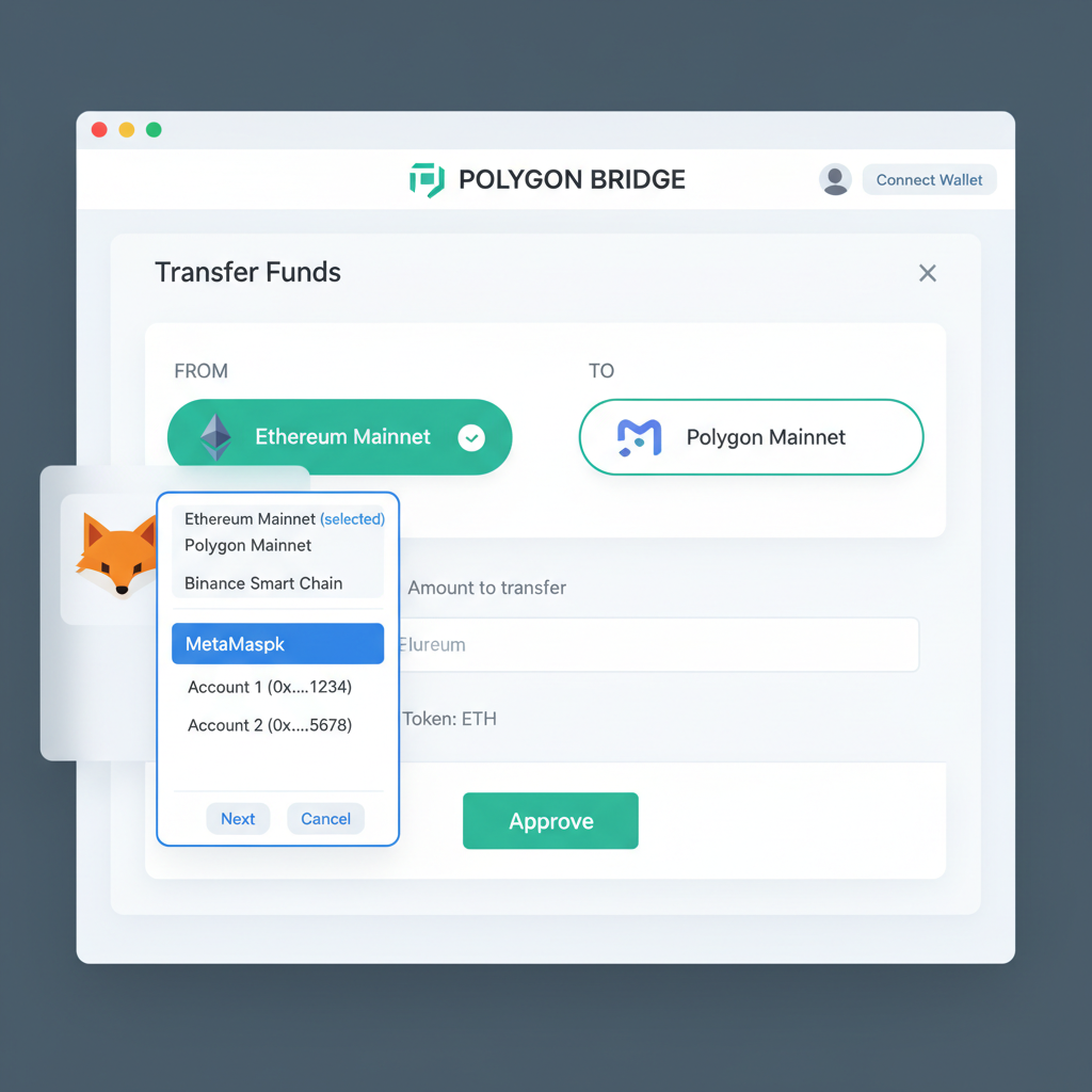 Polygon Bridge interface showing Ethereum source network selected, MetaMask dropdown visible