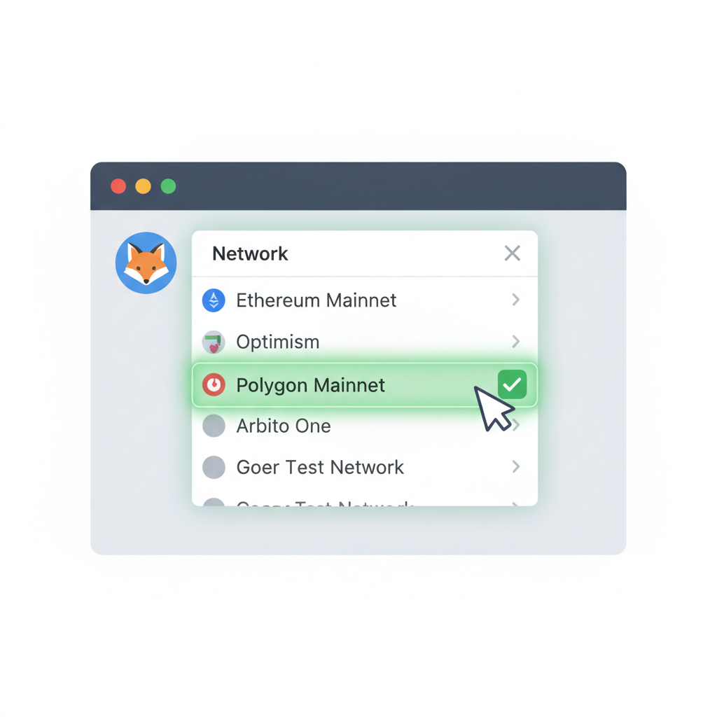 MetaMask network dropdown selecting Polygon Mainnet, green success glow