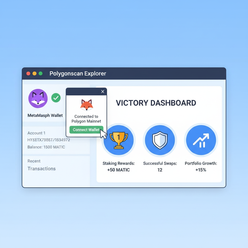 Polygonscan explorer with MetaMask wallet overview, victory dashboard