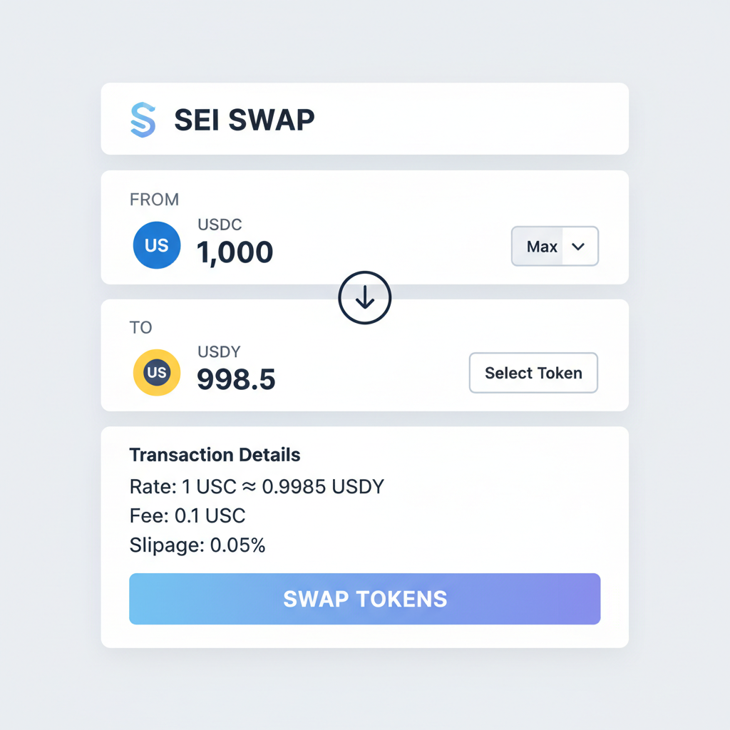 DEX swap interface USDC to USDY tokens on Sei blockchain