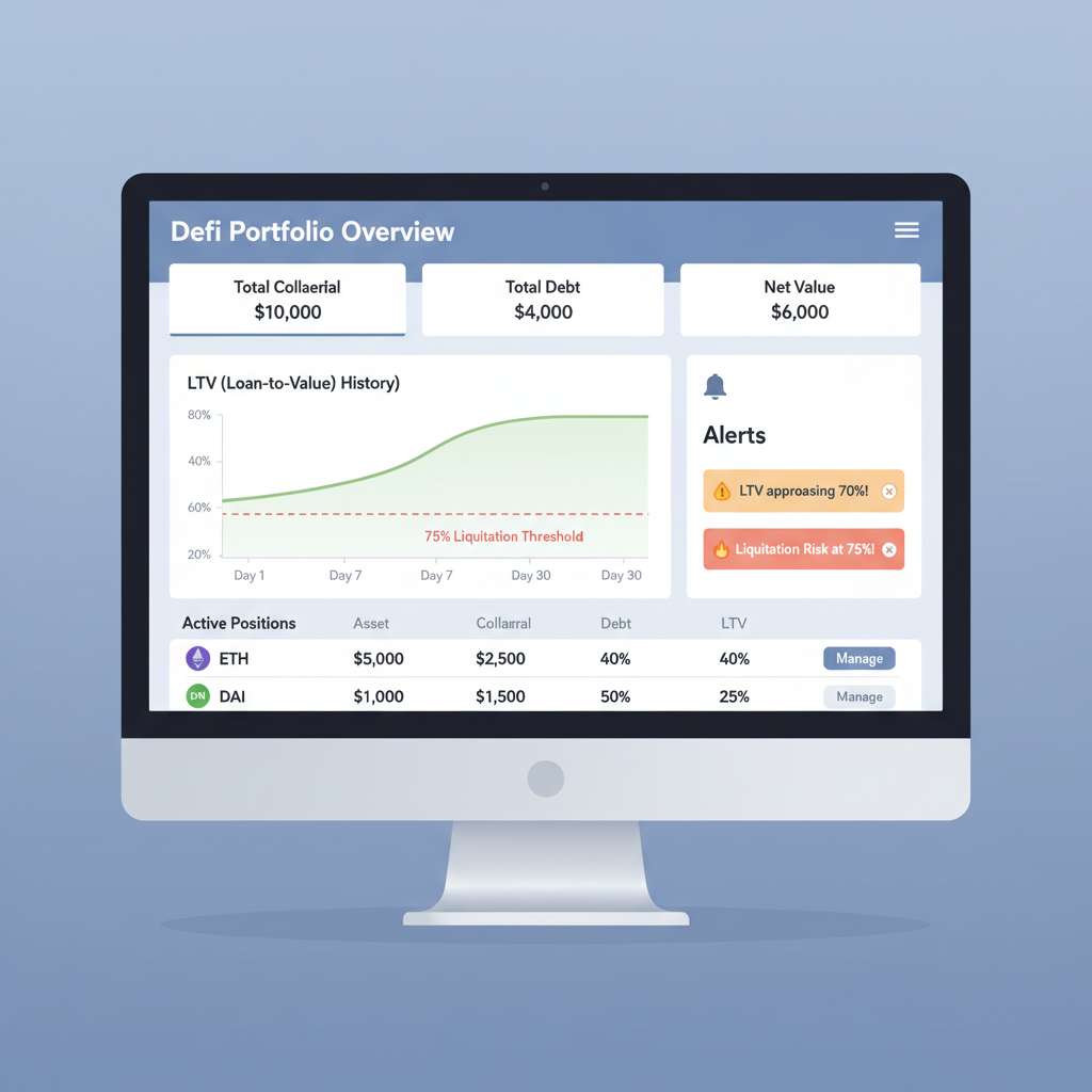 DeFi position monitoring dashboard with LTV charts and alerts