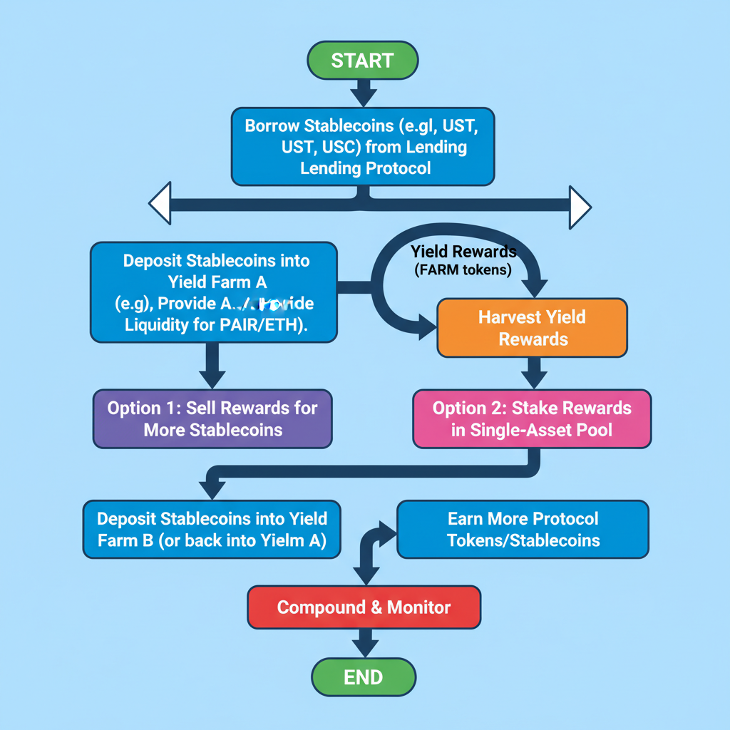 reinvesting borrowed funds into DeFi yield farms flowchart
