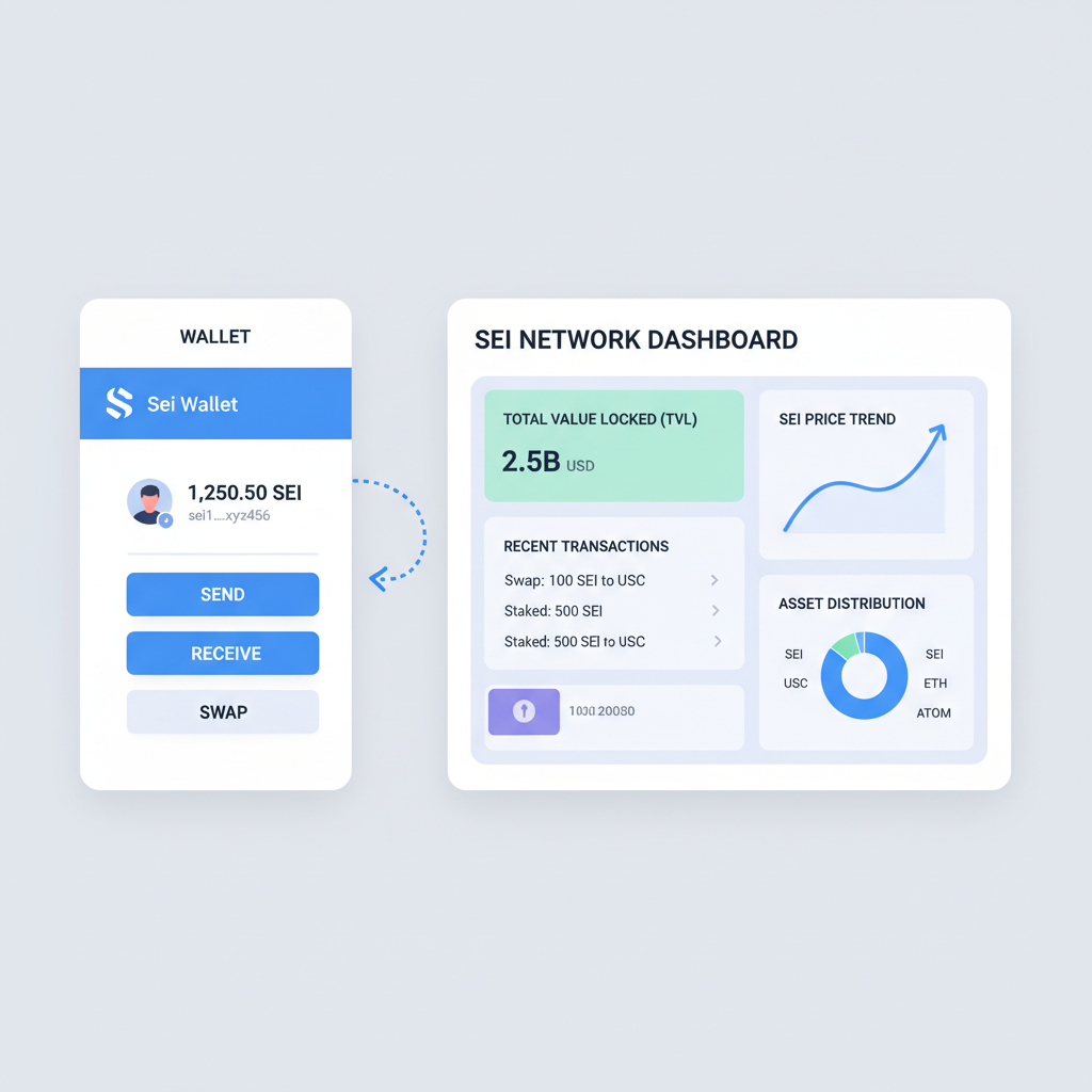sleek crypto wallet interface connecting to Sei network dashboard