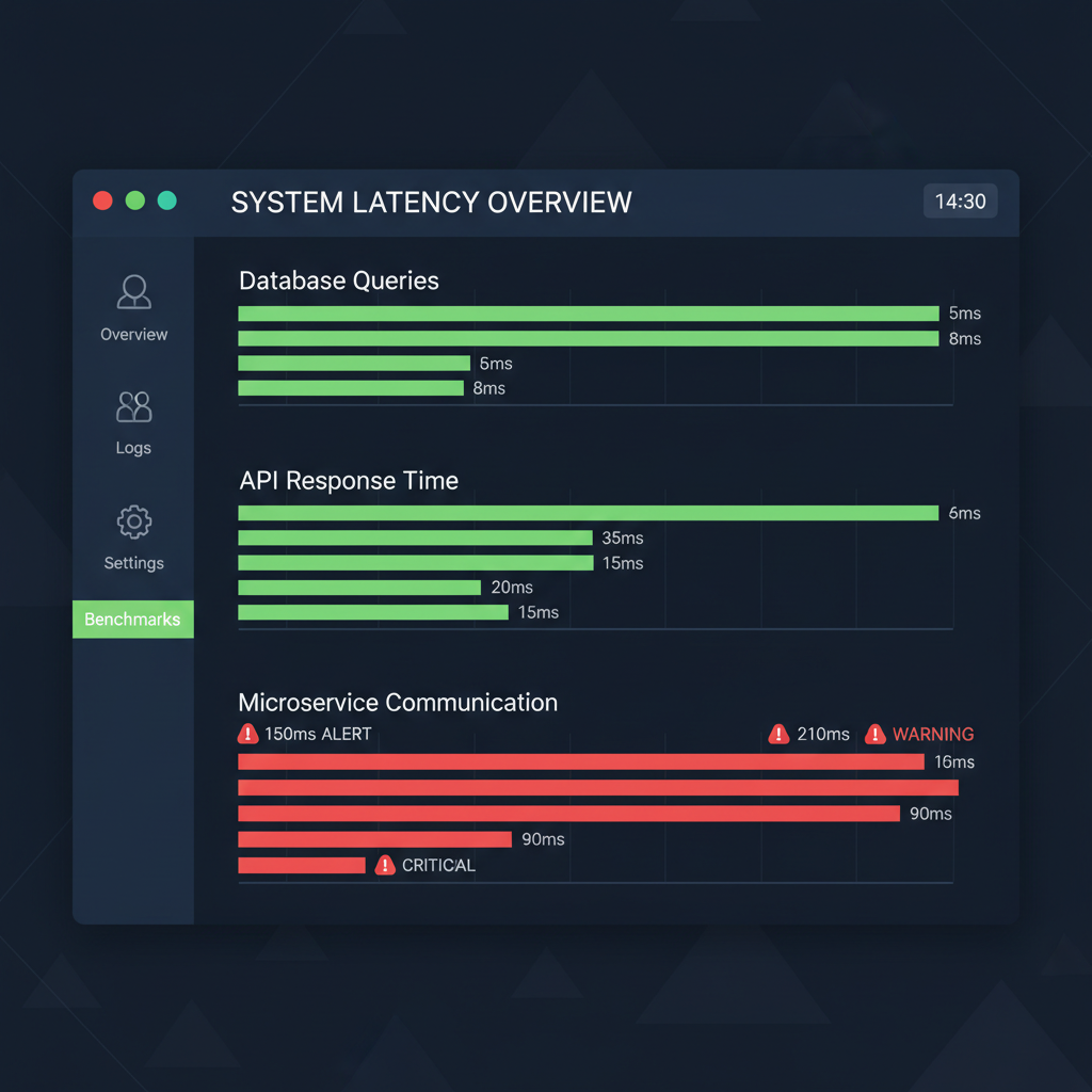 dashboard screen showing latency benchmarks graphs, green low numbers, red alerts, dark mode tech interface