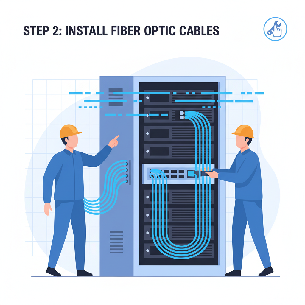 engineers installing glowing blue fiber optic cables in server rack, high-speed data flow visualization, futuristic