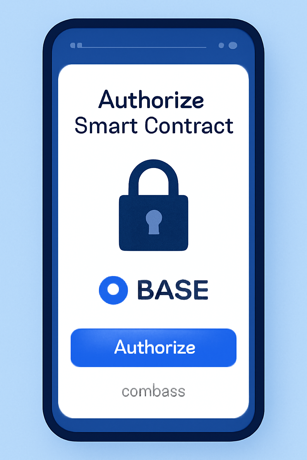 Smart contract wallet authorization screen in Coinbase app, secure lock icon, Base chain logo, futuristic UI