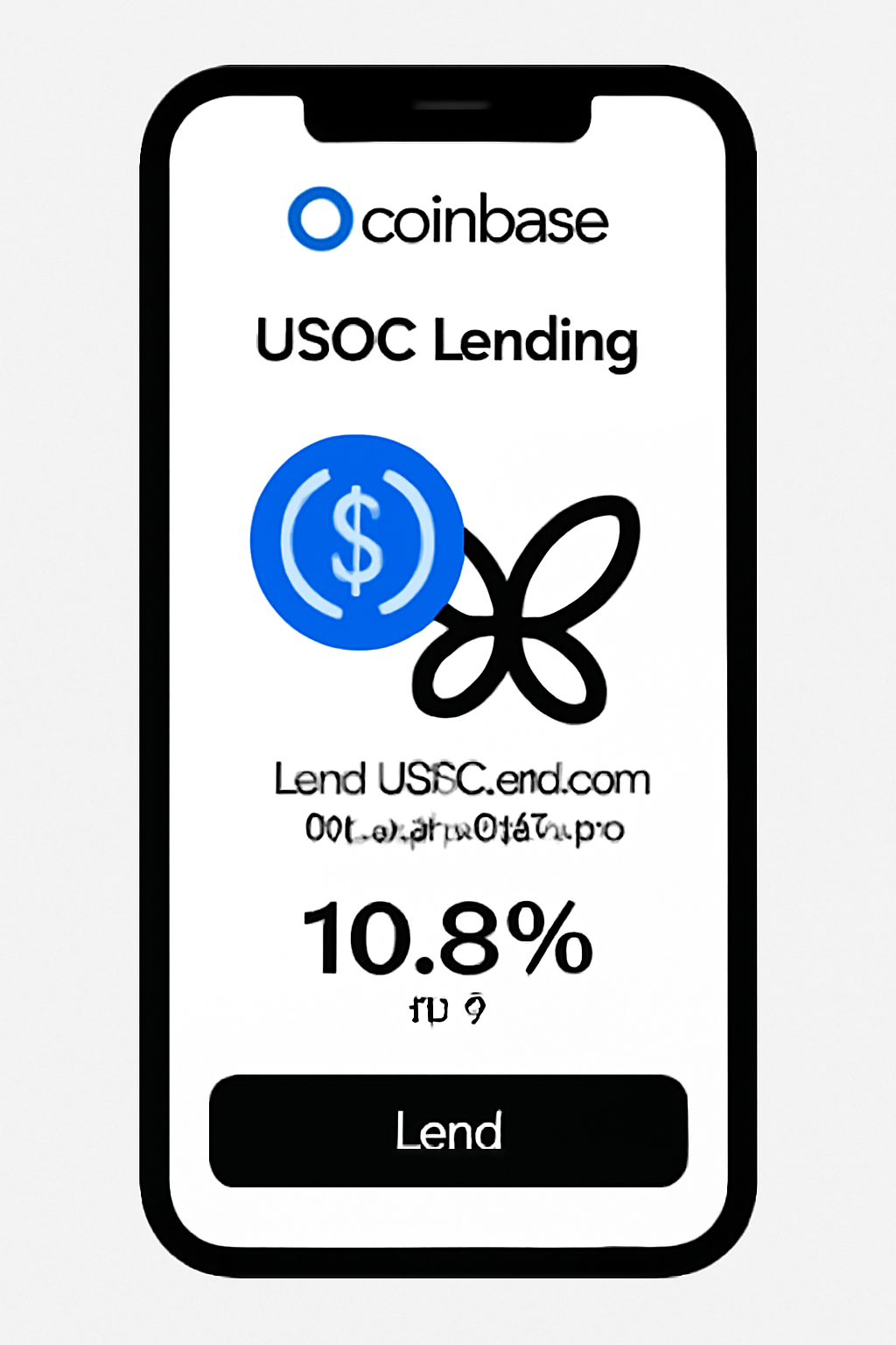 Coinbase app on phone showing USDC lending page, Morpho integration, yield display 10.8%, clean interface