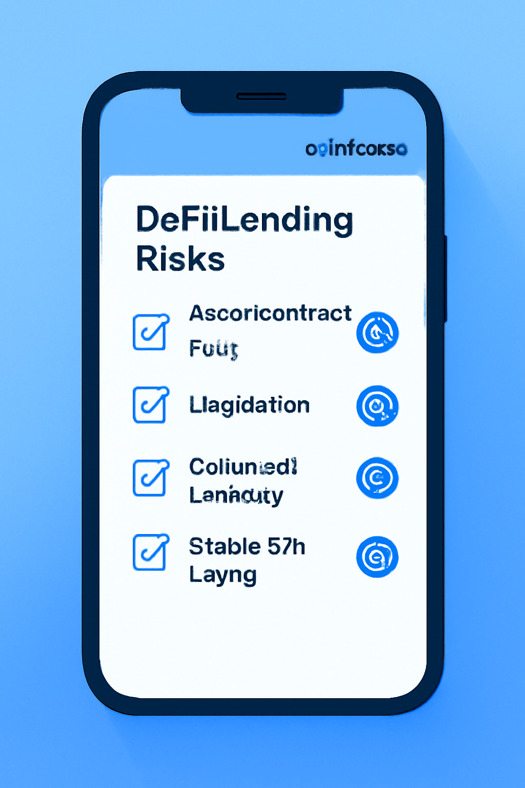Checklist on smartphone screen for DeFi lending risks, USDC icons, calm blue tones, Coinbase branding