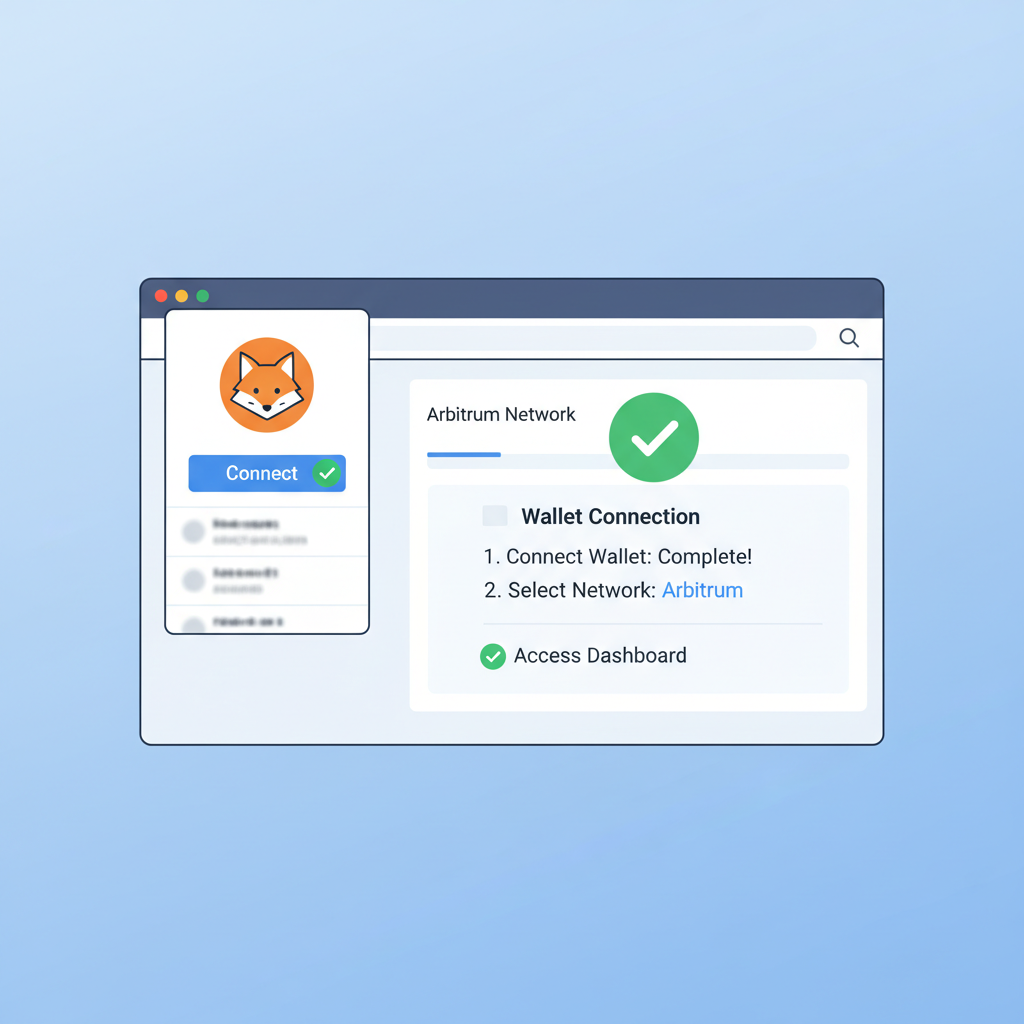 User connecting MetaMask wallet to Aave V3 dashboard on Arbitrum, sleek DeFi interface, green checkmarks