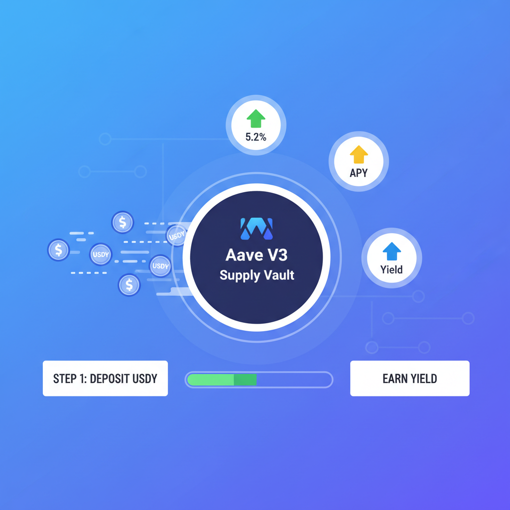 Depositing USDY tokens into Aave V3 supply vault, animated tokens flowing in, yield percentage icons