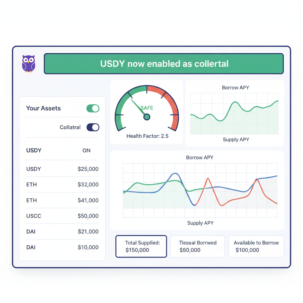 Aave dashboard showing USDY enabled as collateral, health factor gauge at safe level, charts