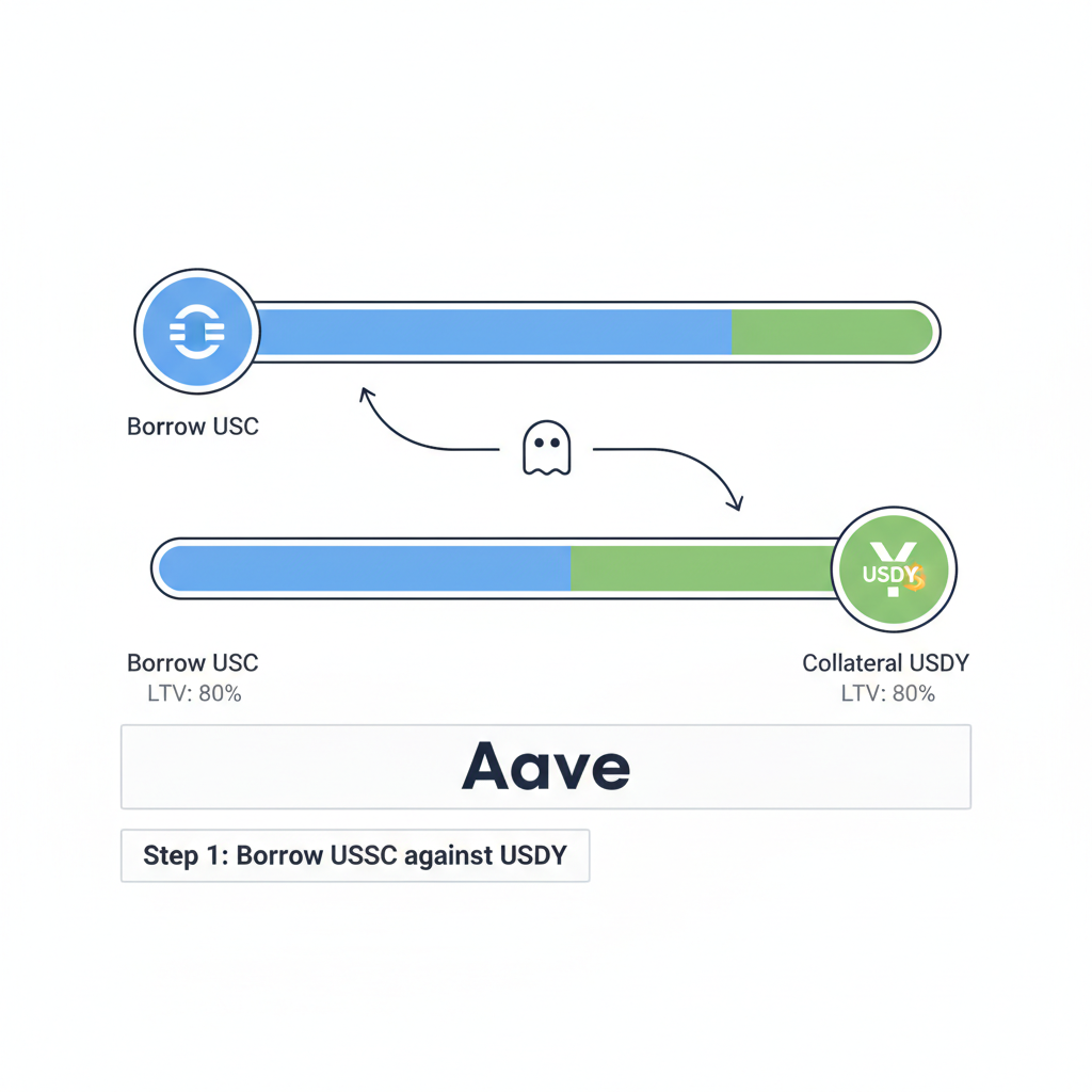 Borrowing USDC against USDY collateral on Aave, loan sliders at 80% LTV, stablecoin icons