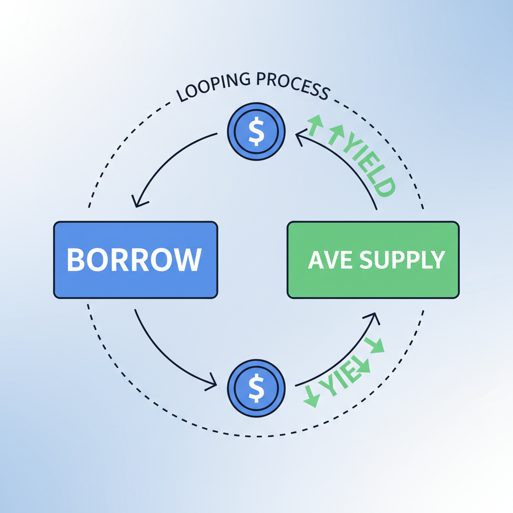Looping USDC back into Aave supply after borrowing, yield arrows multiplying, looping animation