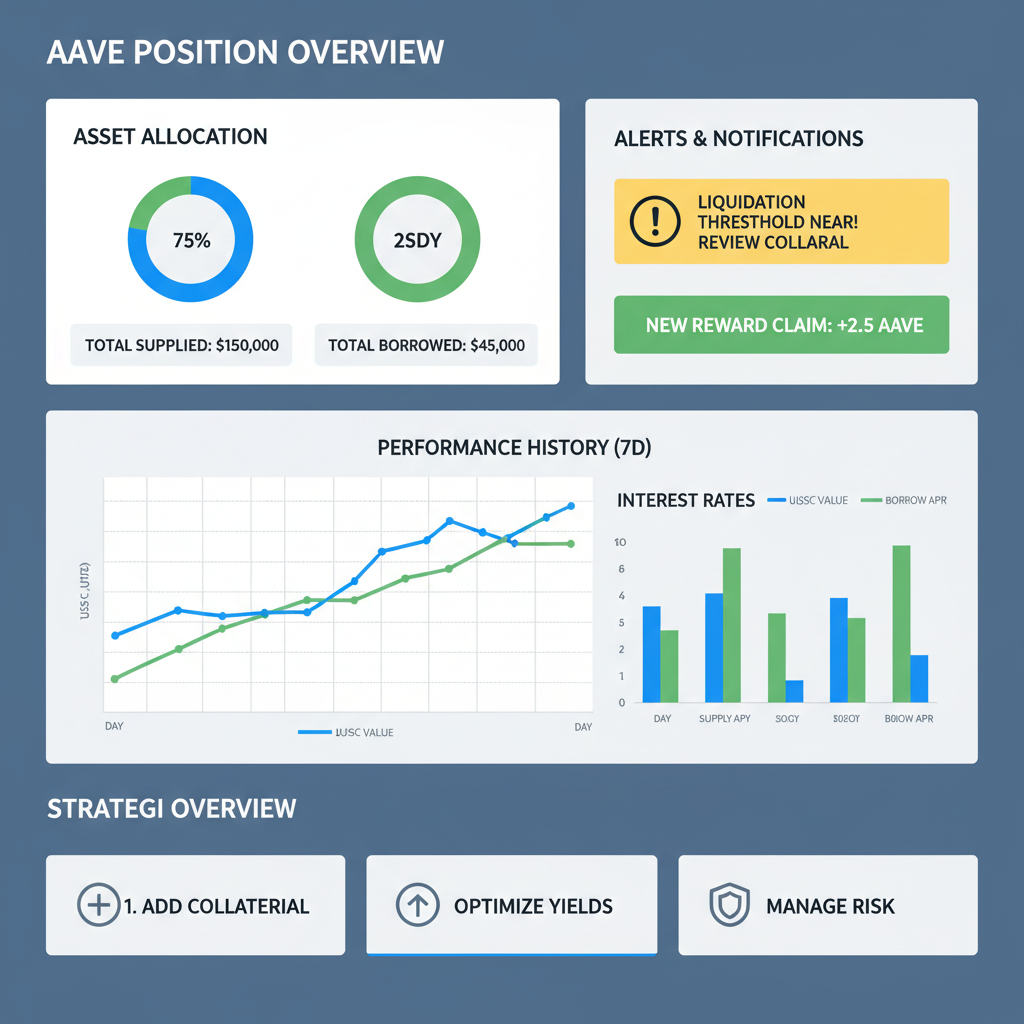DeFi dashboard monitoring Aave position with USDY and USDC, alerts and charts, strategic overview