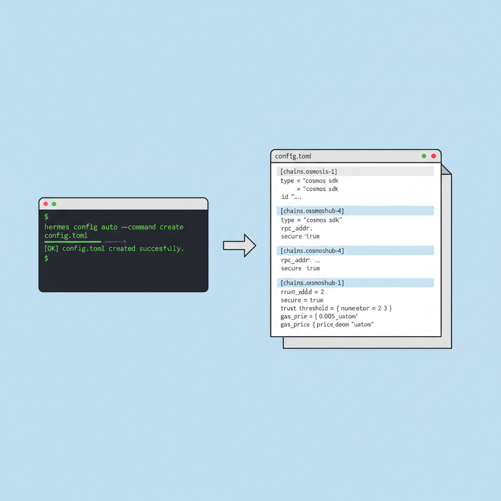 terminal outputting hermes config auto command creating config.toml file, config file open showing chain sections