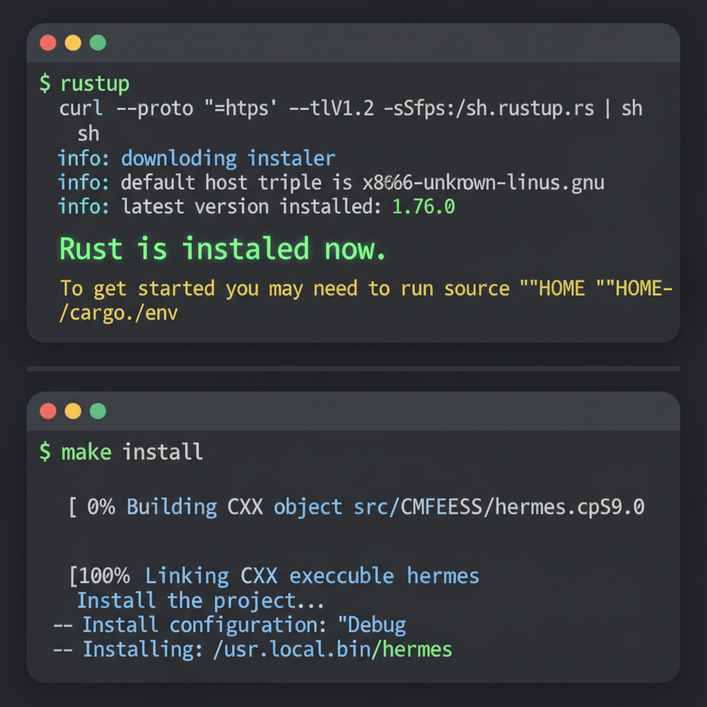 terminal window showing rustup installation and hermes make install commands, dark theme, code syntax highlight