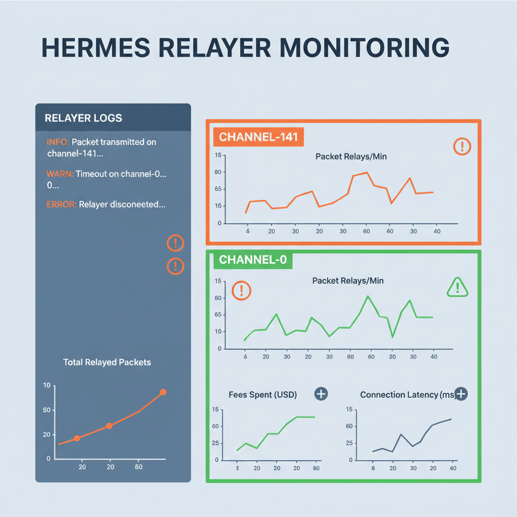 monitoring dashboard with hermes relayer logs, graphs of packet relays, channel-141 and channel-0 highlighted, warning icons for troubleshooting