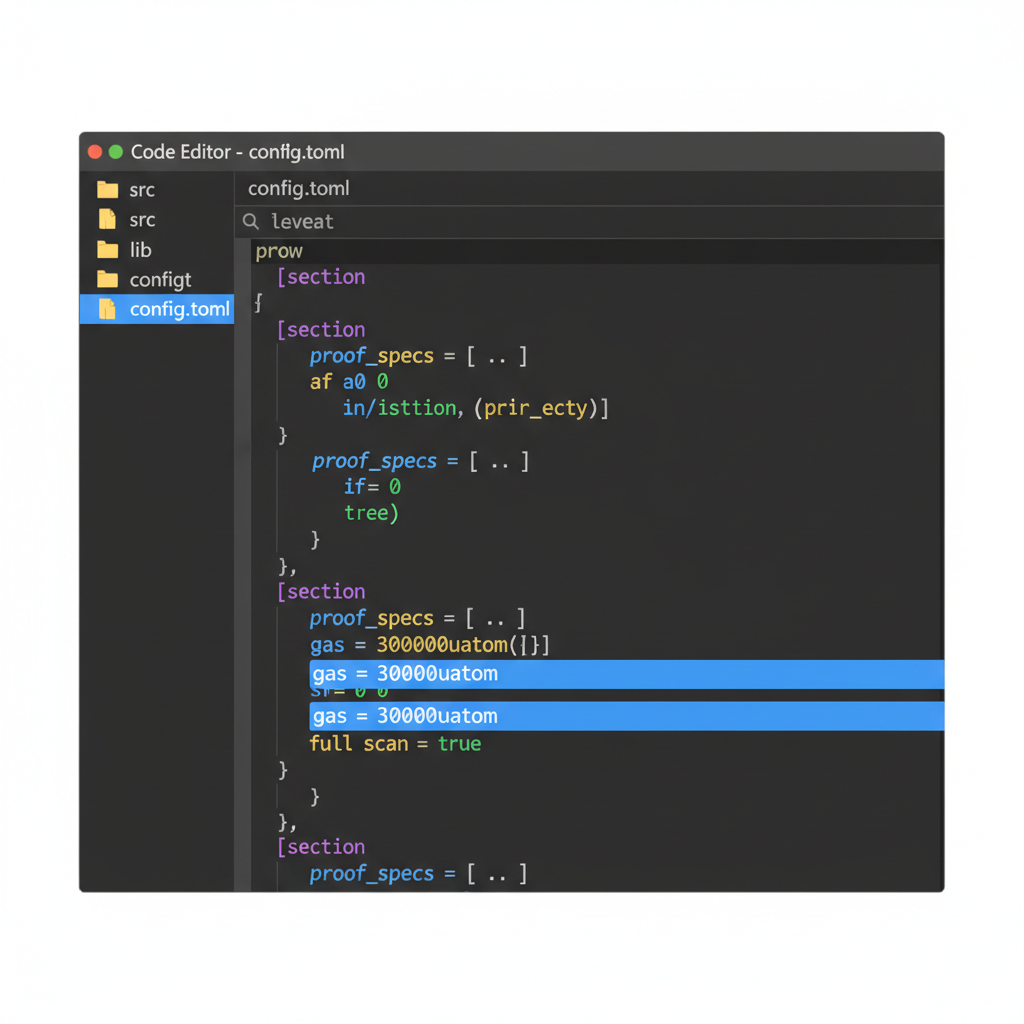 text editor open with config.toml file, highlighting proof_specs full, gas 300000uatom, full_scan true lines