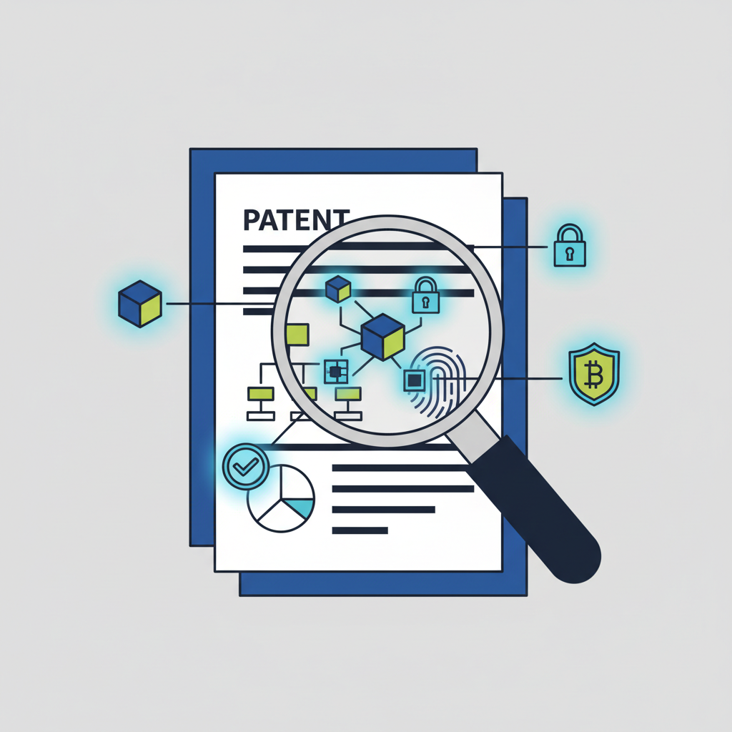 magnifying glass over detailed patent documents with blockchain verification icons