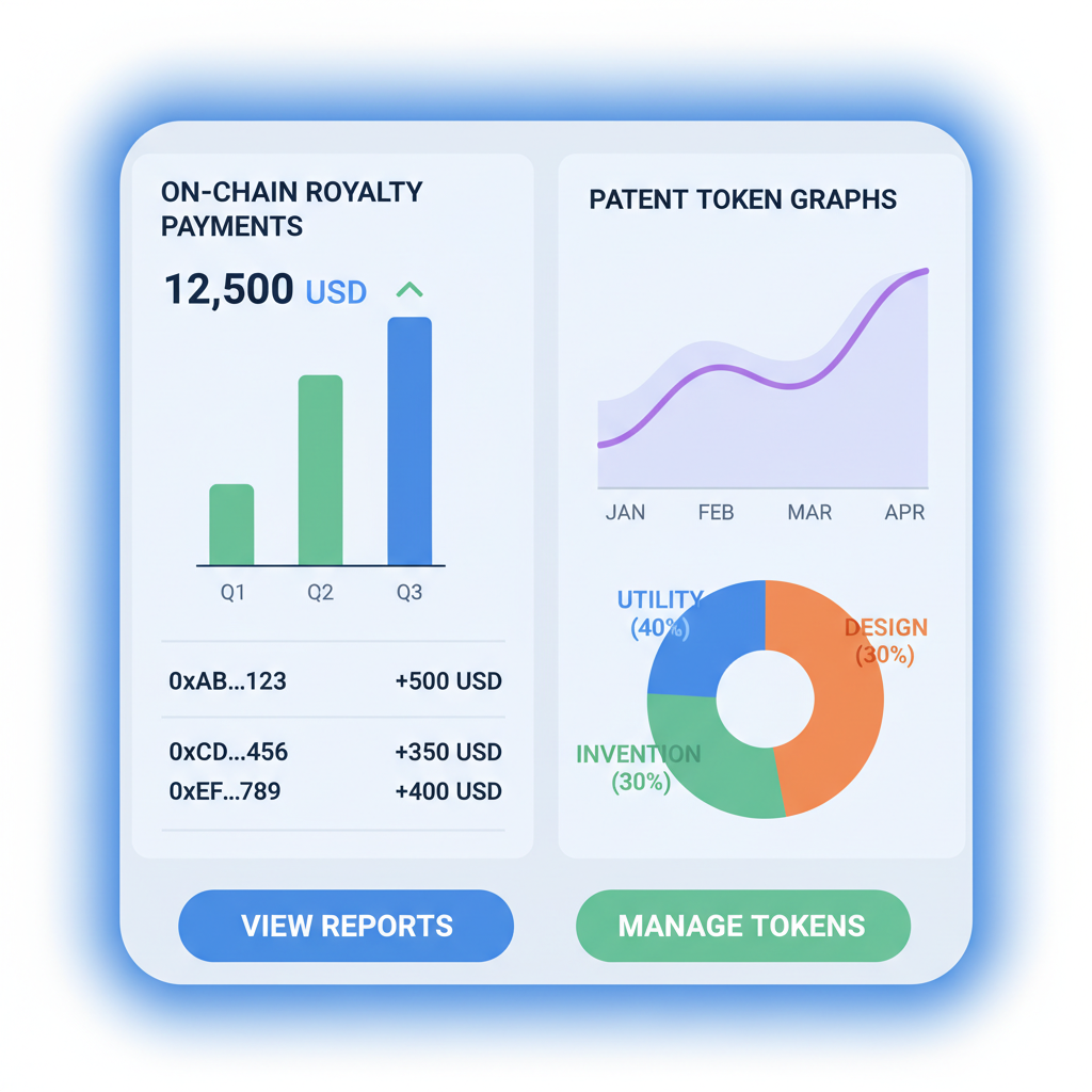 dashboard displaying on-chain royalty payments and patent token graphs