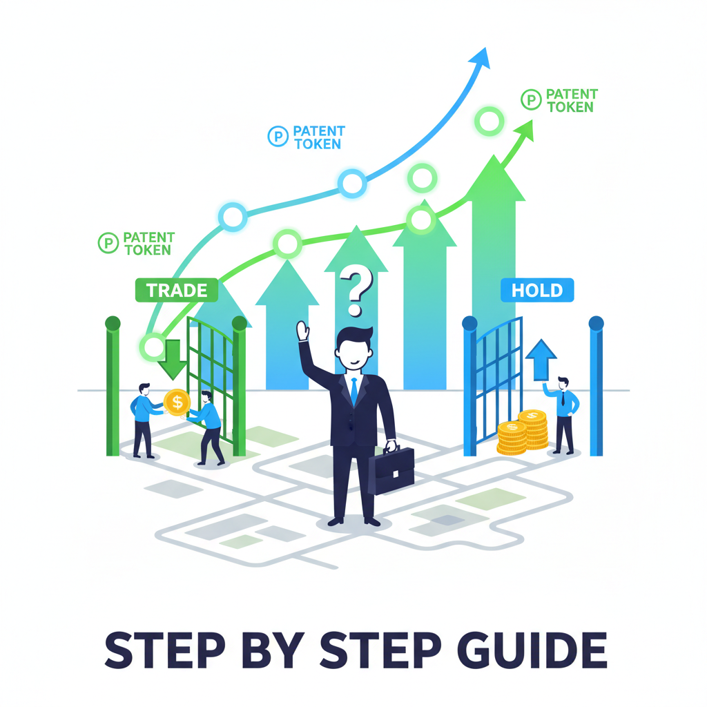 investor at crossroads choosing trade or hold with rising patent token charts