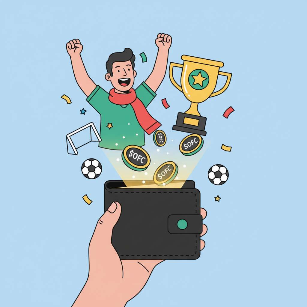 wallet receiving glowing $OFC tokens, soccer confetti, triumphant fan