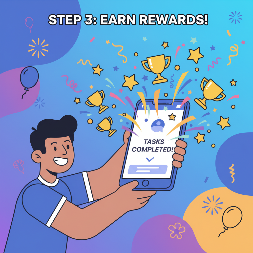 fan completing tasks in app, trophies and points exploding, party atmosphere