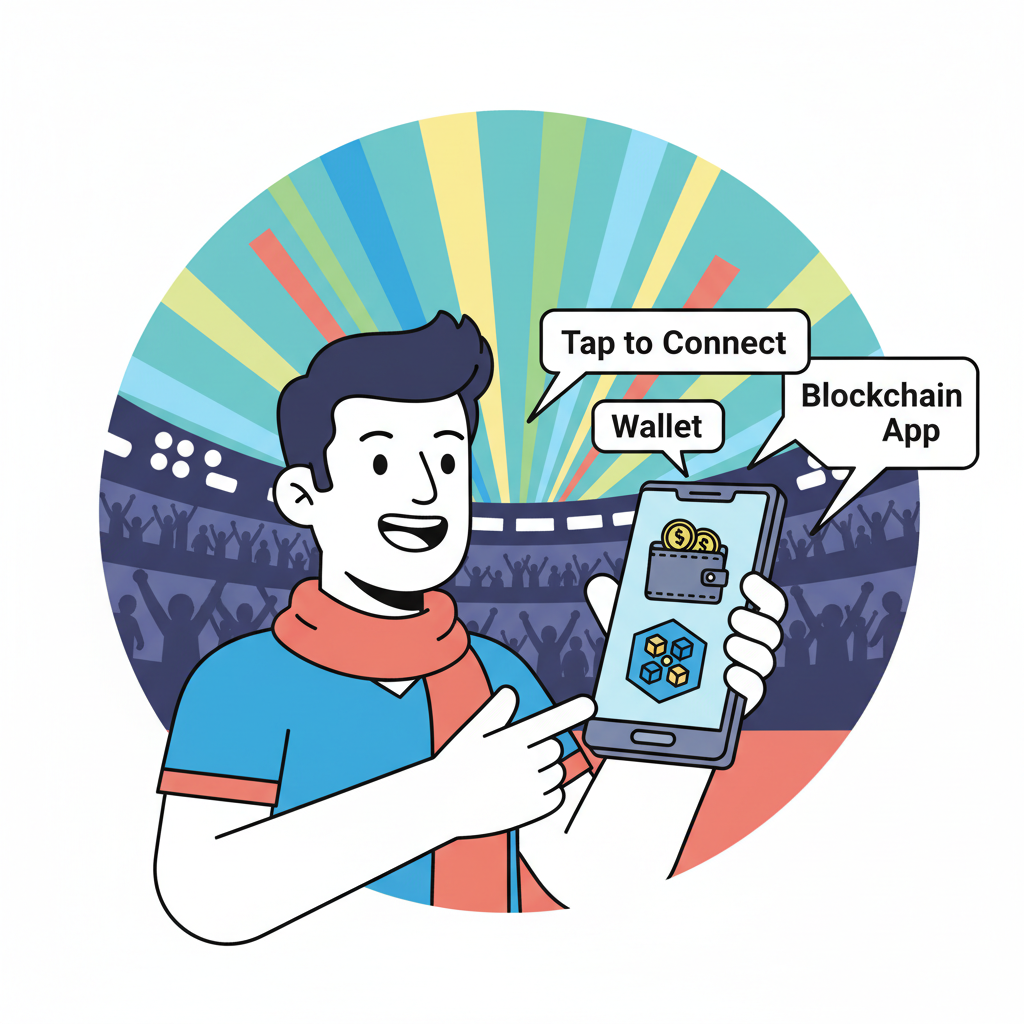 soccer fan connecting wallet to blockchain app on phone, vibrant stadium lights, energetic vibe