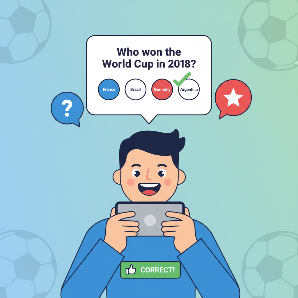 fan answering soccer quiz on mobile, question bubbles, excited expression
