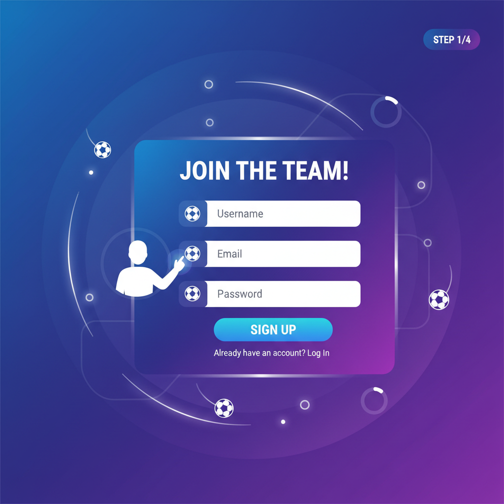 user signing up on football app dashboard, soccer ball icons, modern UI glow