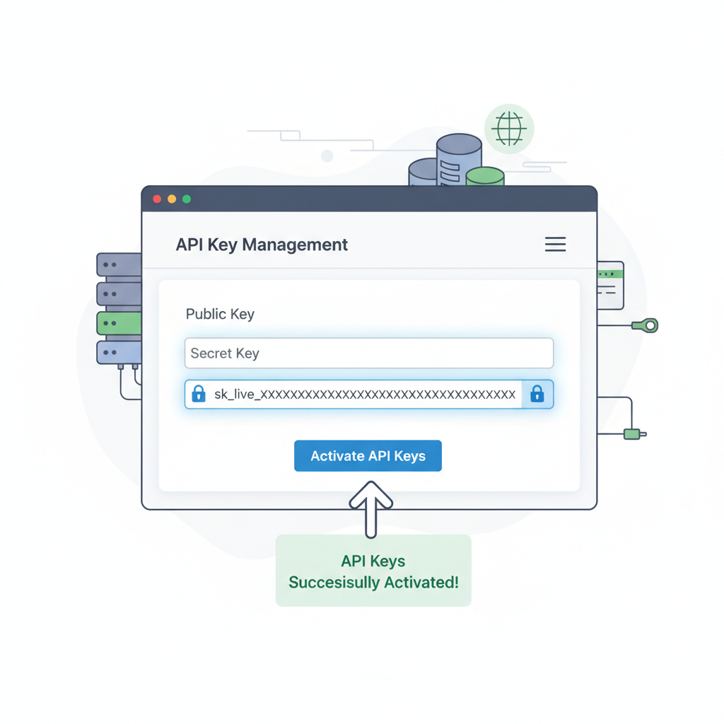 activating API keys in WordPress plugin settings dashboard, secure keys glowing, professional tech setup