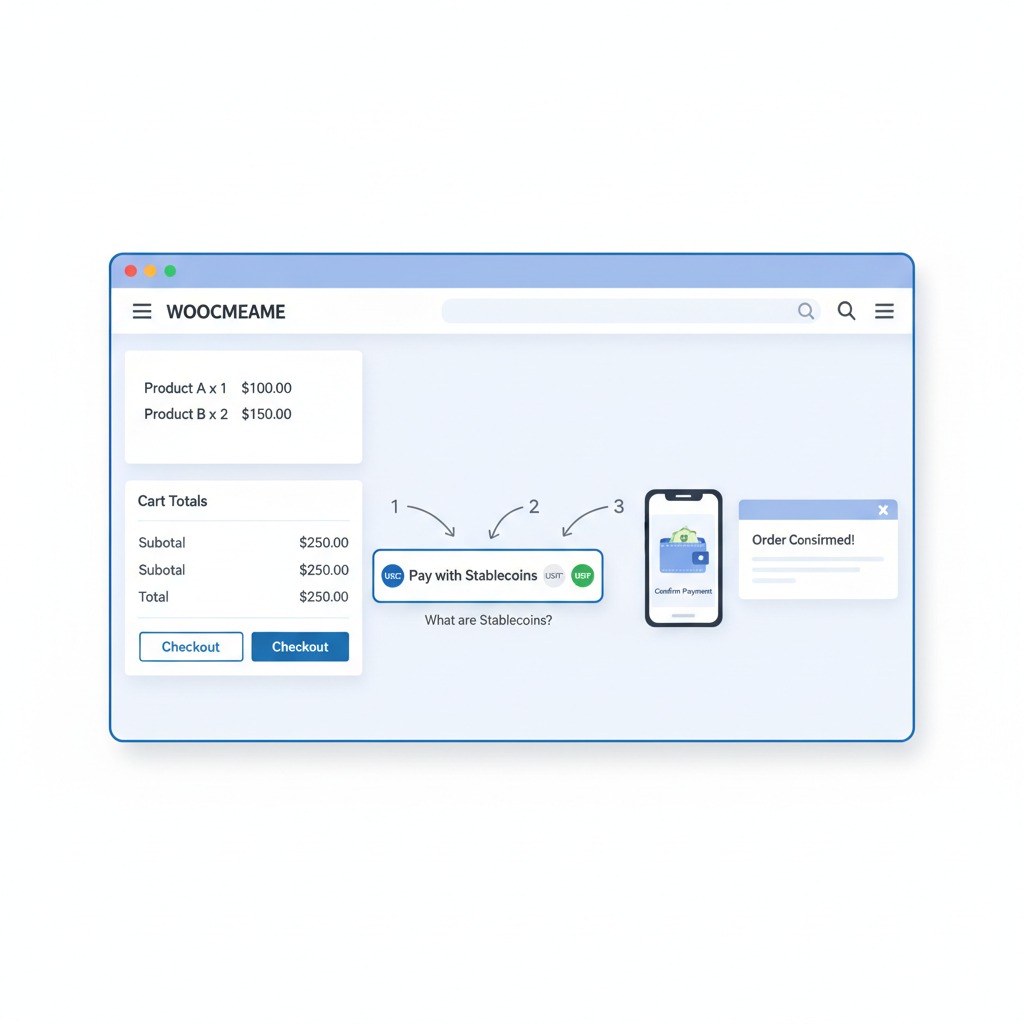 WooCommerce cart page with stablecoin checkout button added, USDC USDT icons, modern e-commerce design