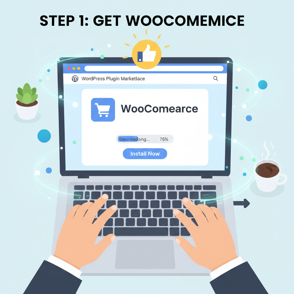 professional downloading WooCommerce plugin from WordPress marketplace on laptop, clean interface, motivational vibe
