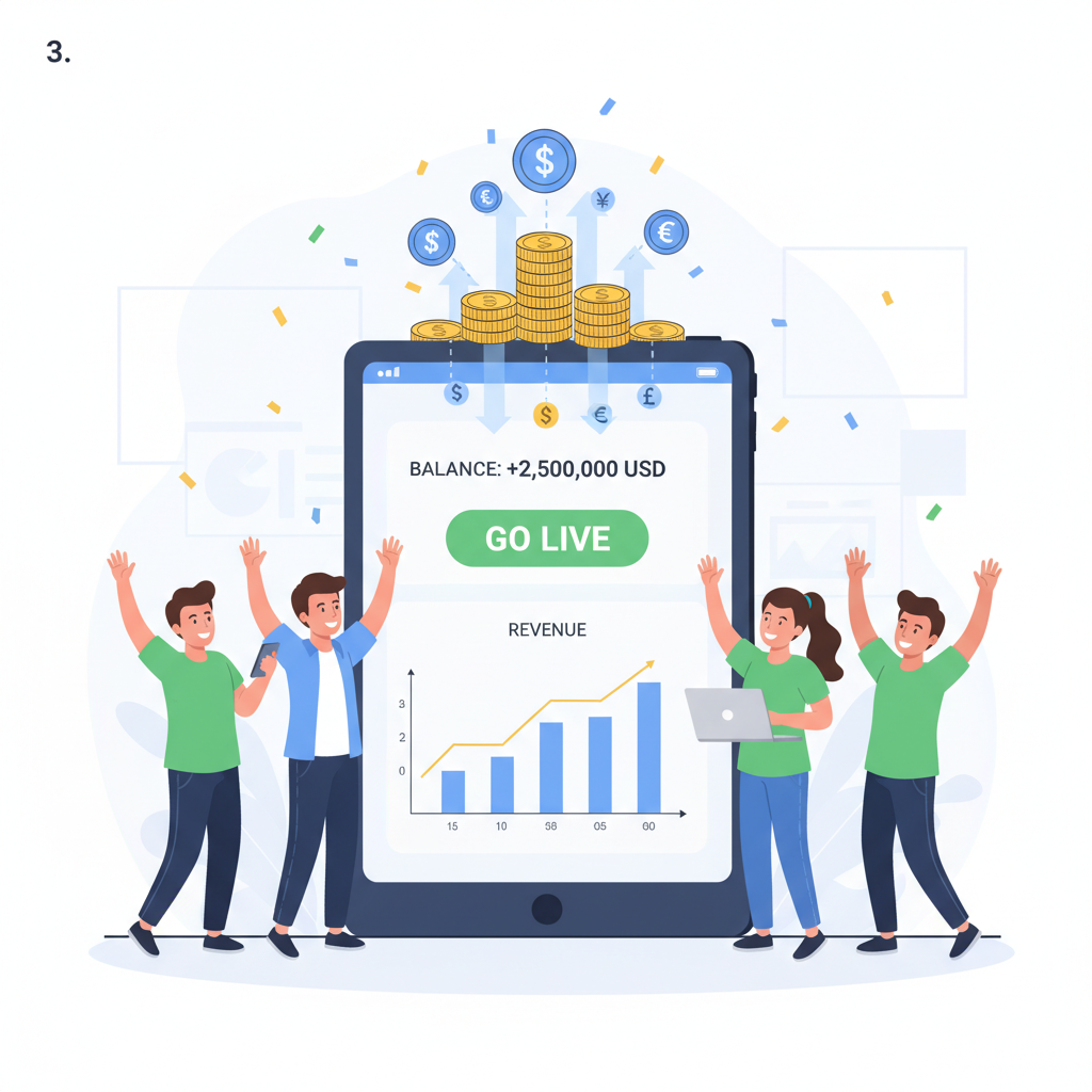 going live button pressed in dashboard, money flowing in USDC and fiat, celebratory merchant success scene