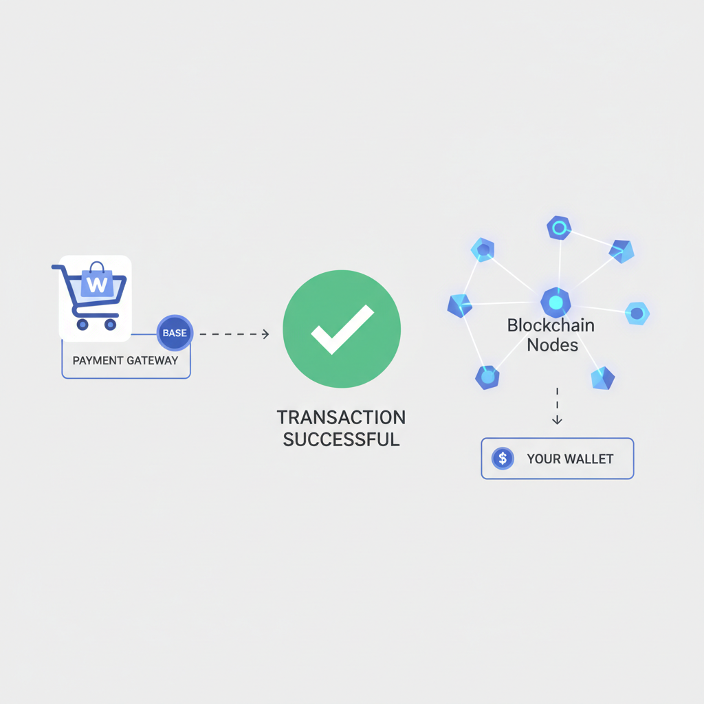 testing crypto transaction on Base network in WooCommerce, success checkmark, blockchain nodes glowing